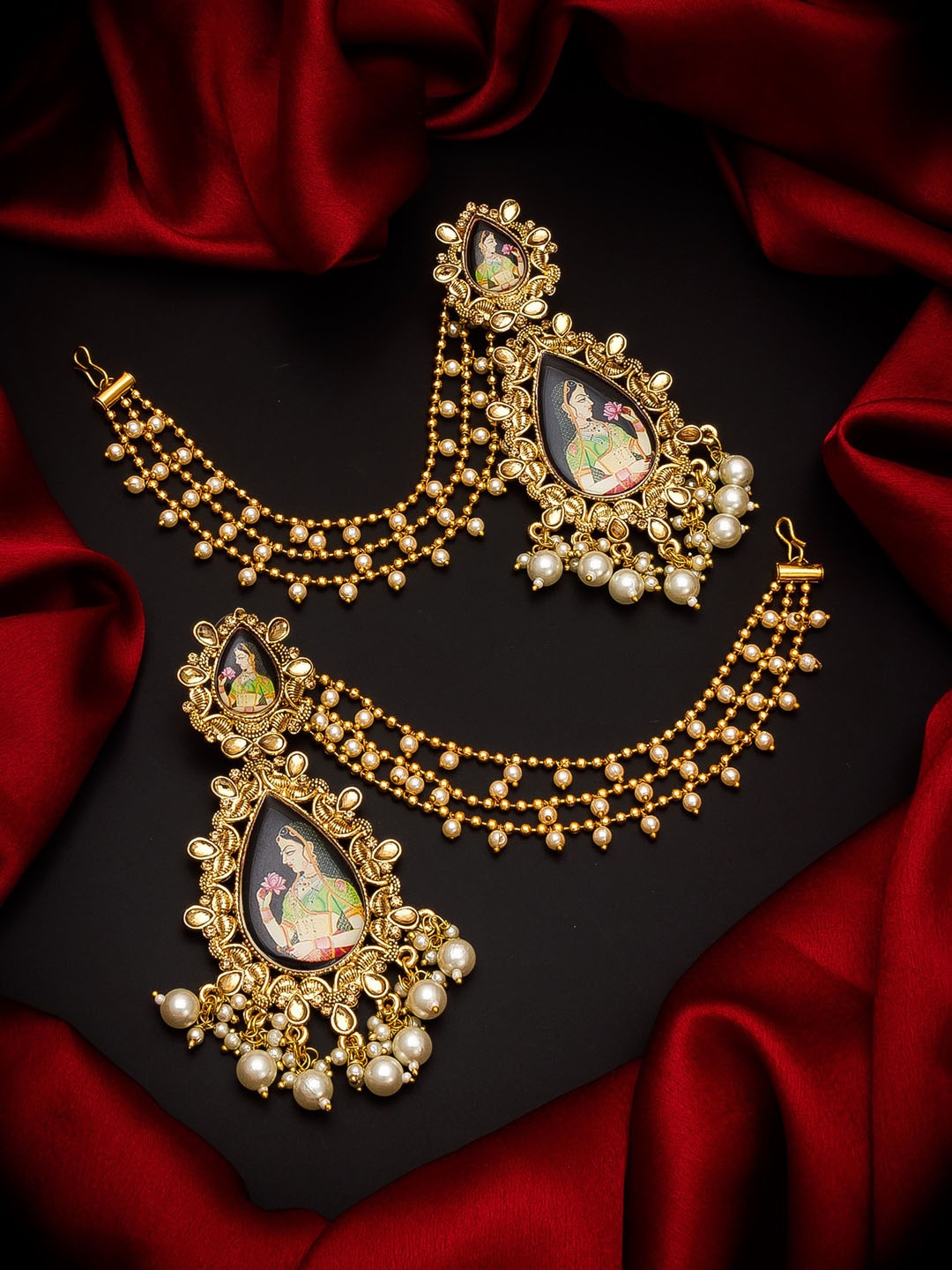 

aadita Gold-Toned & White Pearls Studded Contemporary Drop Earrings With Hair Chain