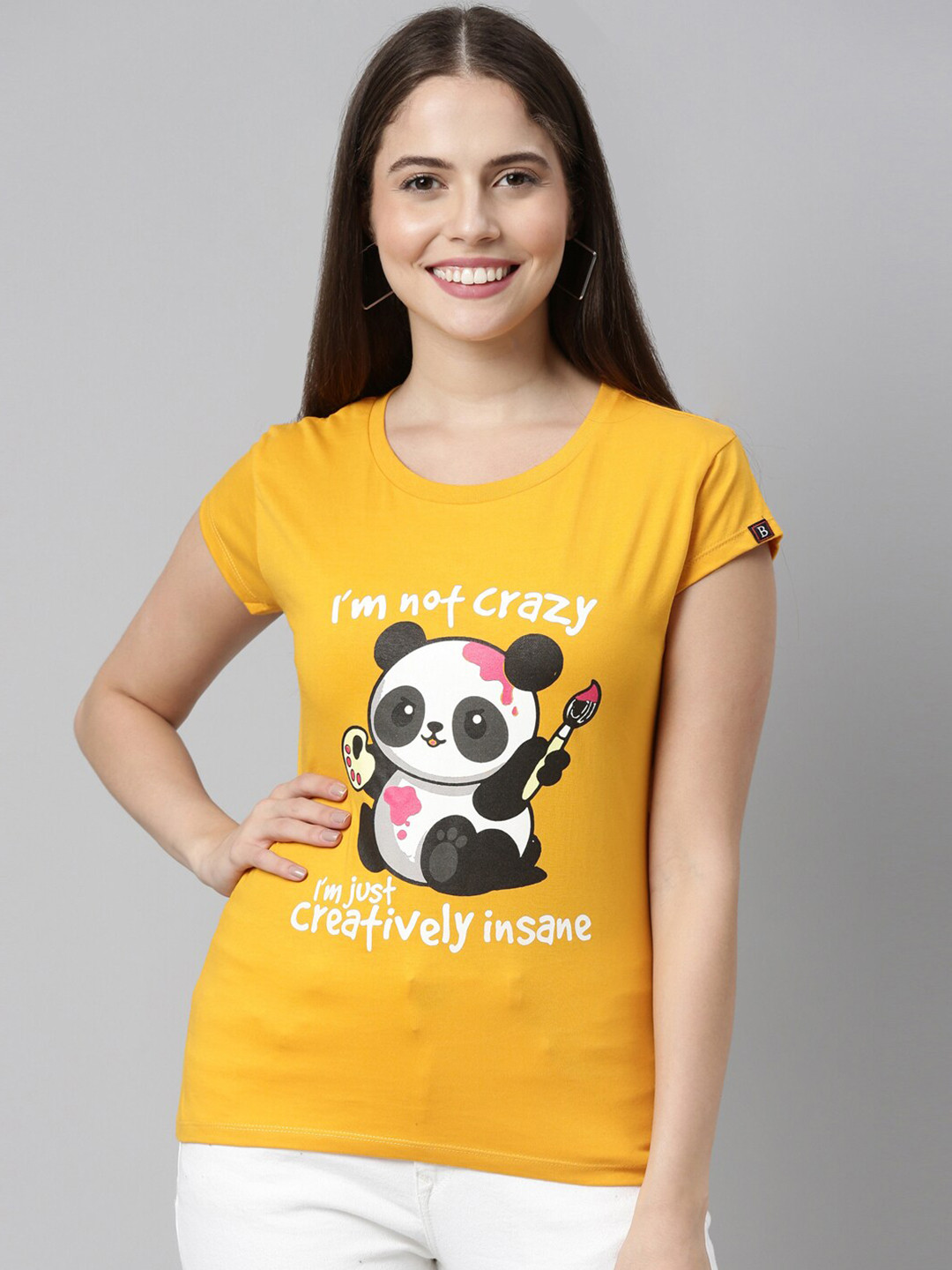 

Bushirt Women Mustard Yellow Pooh Printed Pure Cotton T-shirt