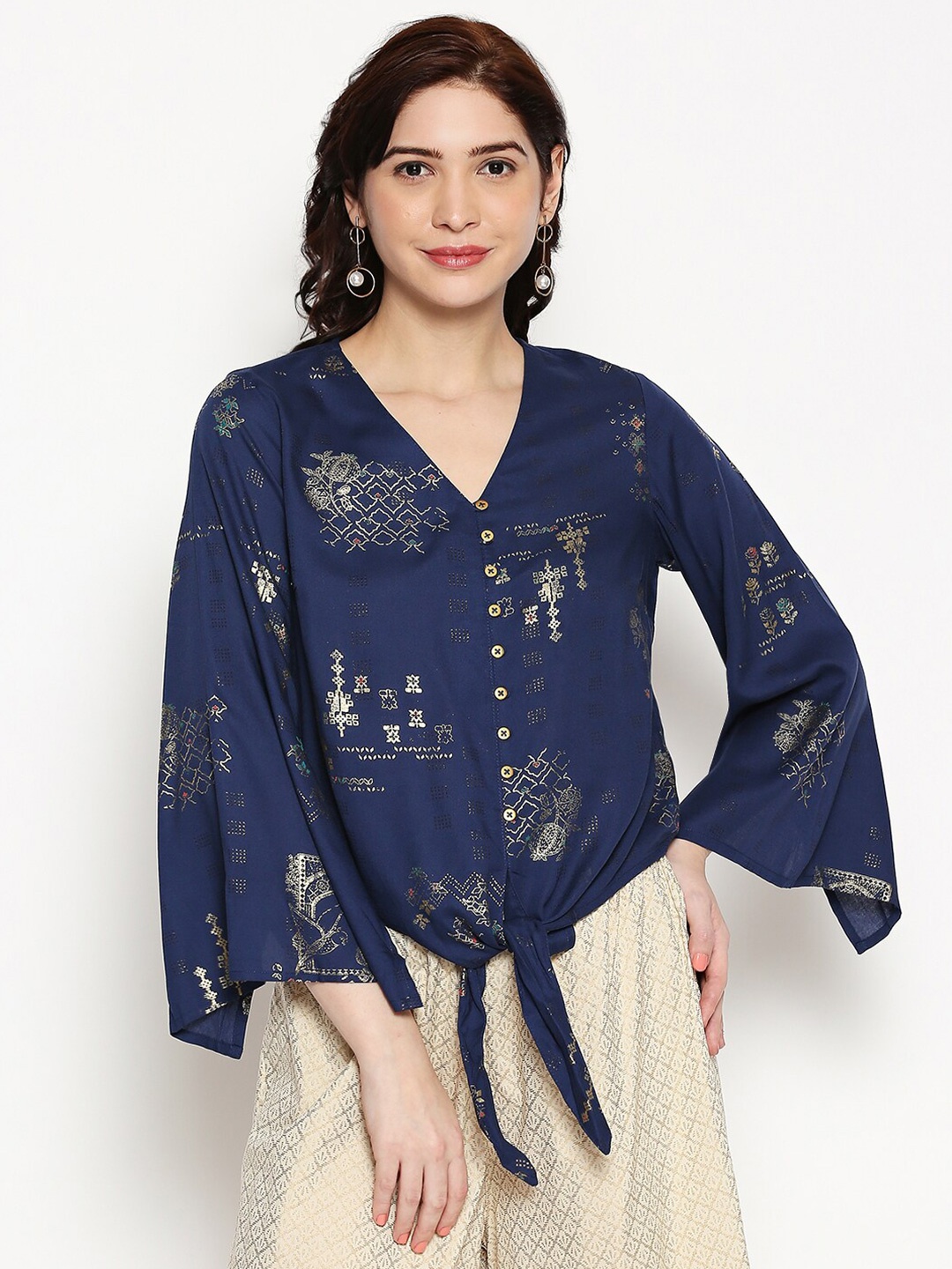 

AKKRITI BY PANTALOONS Navy Blue Geometric Flared Sleeve Regular Top
