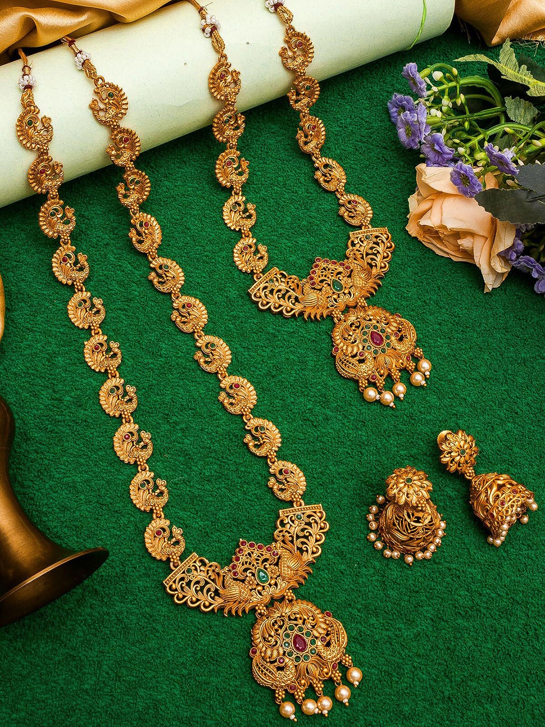 

aadita Gold-Plated Pink & Green Stone-Studded & Pearl Beaded Temple Jewellery Set