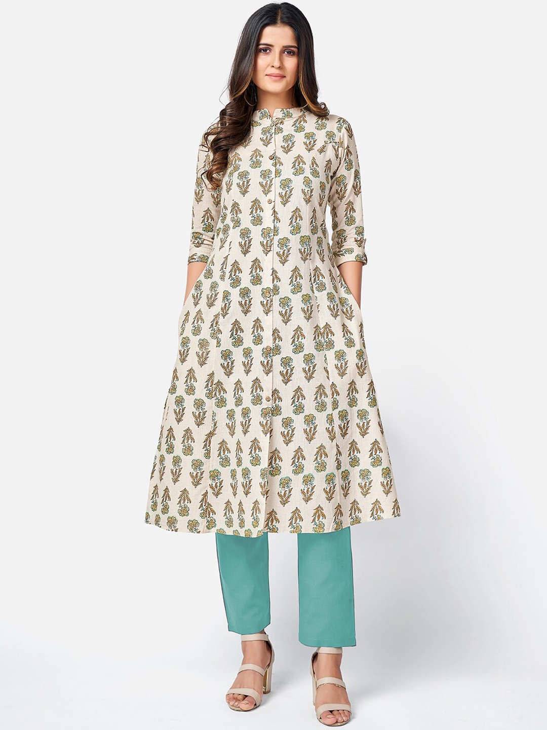 

Vbuyz Women Beige & Yellow Ethnic Motifs Printed Kurta