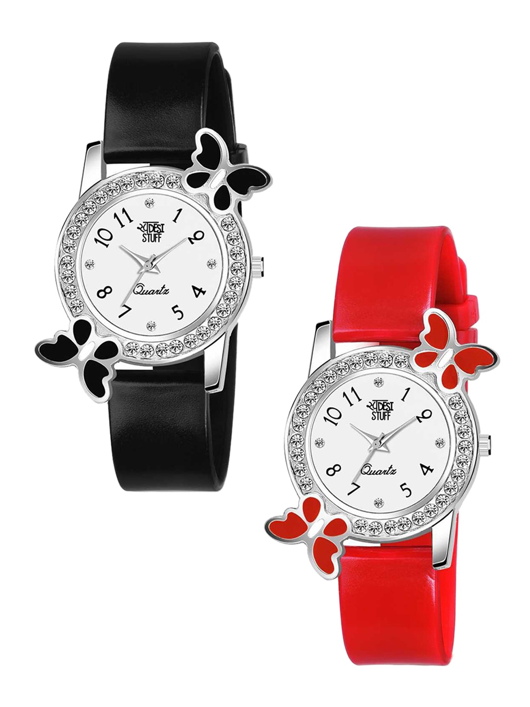 

SWADESI STUFF Women Set Of 2 Embellished Dial & Straps Analogue Watch 2 BF BLACK RED
