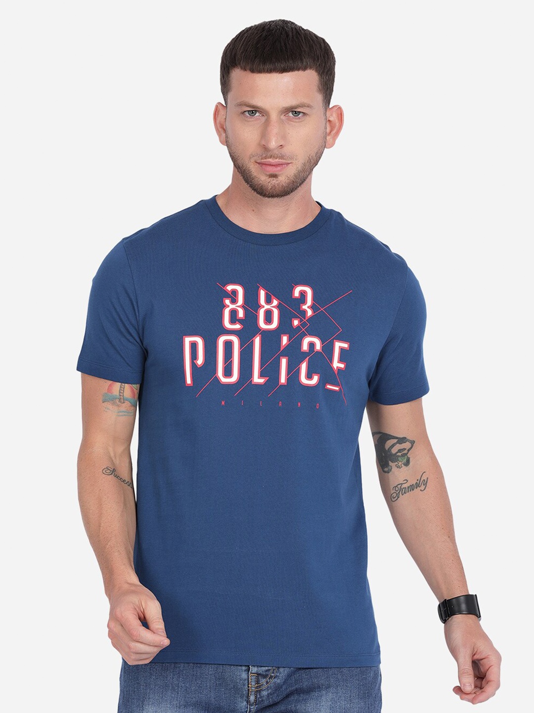 

883 Police Men Navy Blue Brand Logo Printed Cotton T-shirt