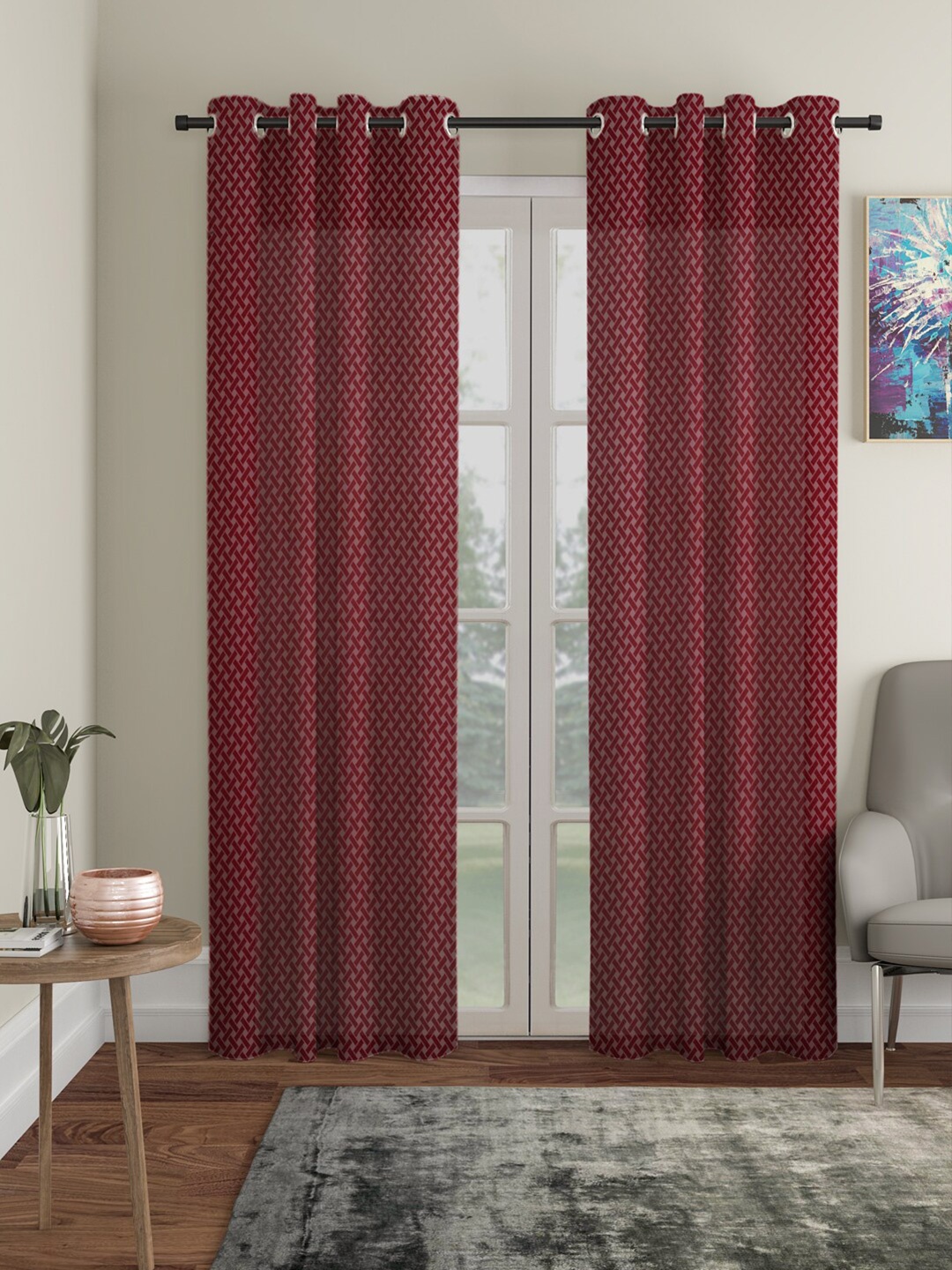 

HOSTA HOMES Maroon Set of 2 Geometric Door Curtain