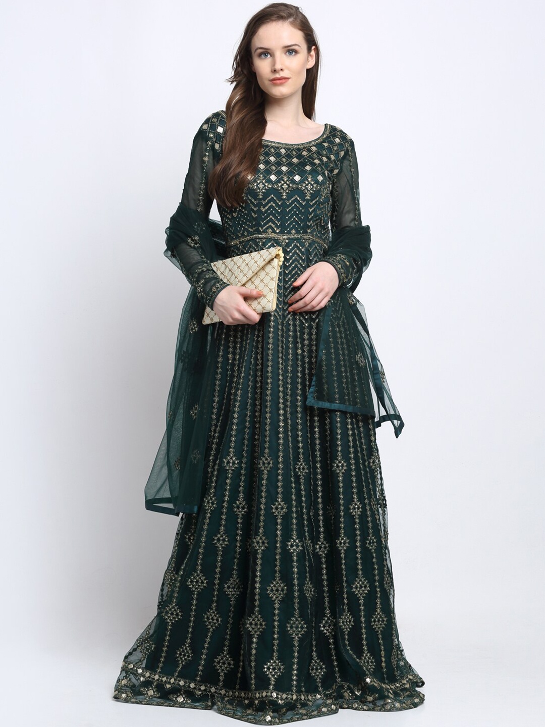 

Stylee LIFESTYLE Green & Golden Embroidered Semi-Stitched Dress Material
