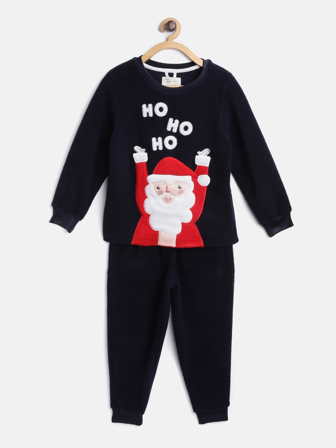 

Cherry Crumble Unisex Kids Navy Blue & Red Applique Printed Night suit