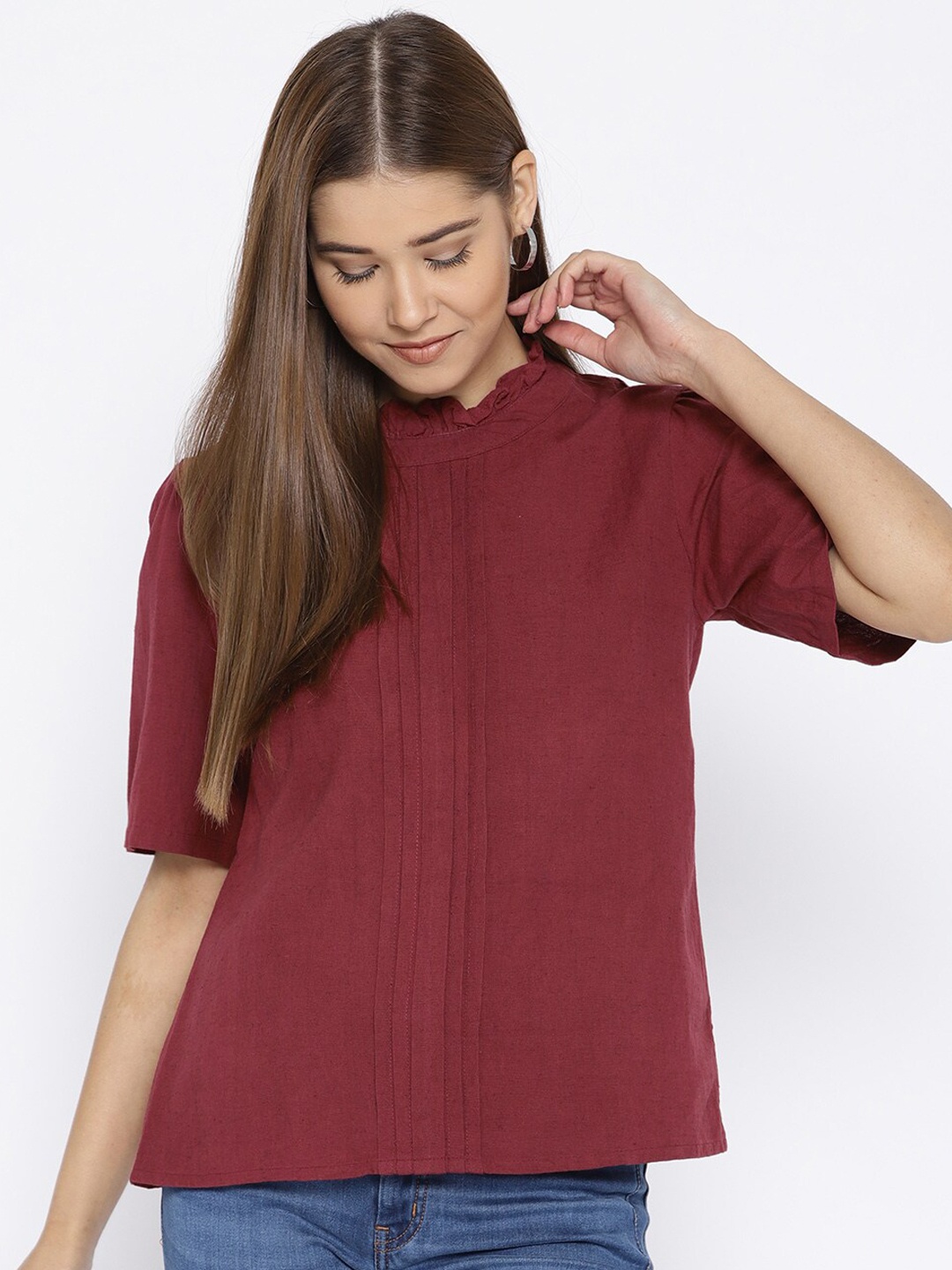 Vaak Maroon Pleated Shirt Style Top