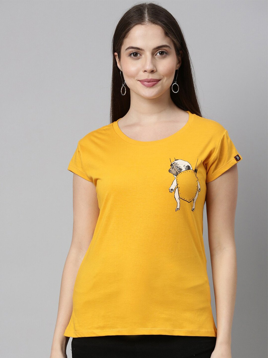 

Bushirt Women Mustard Yellow Printed Pure Cotton T-shirt