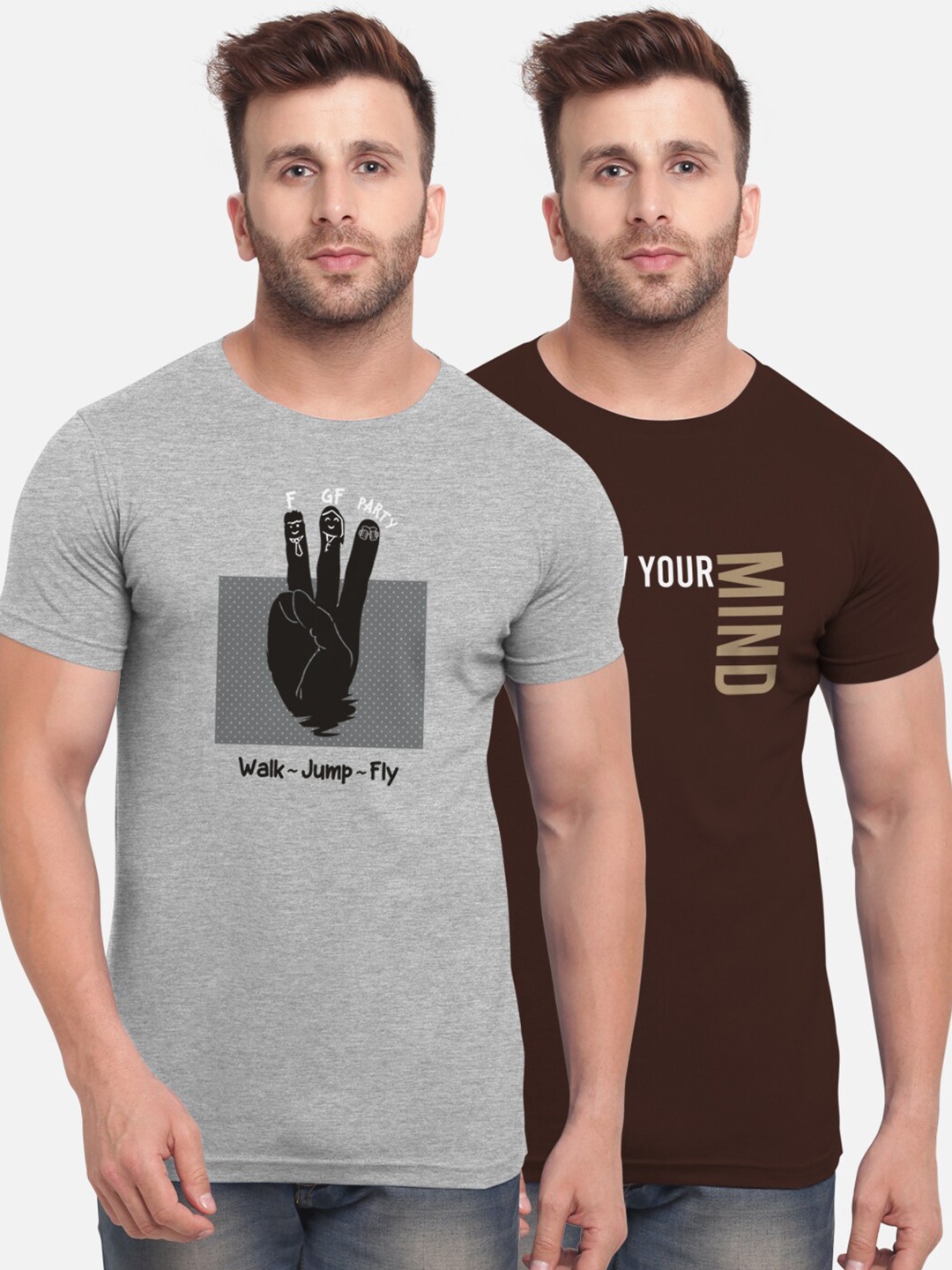 

BULLMER Men Set of 2 Grey & brown Typography Printed Bio Finish T-shirt