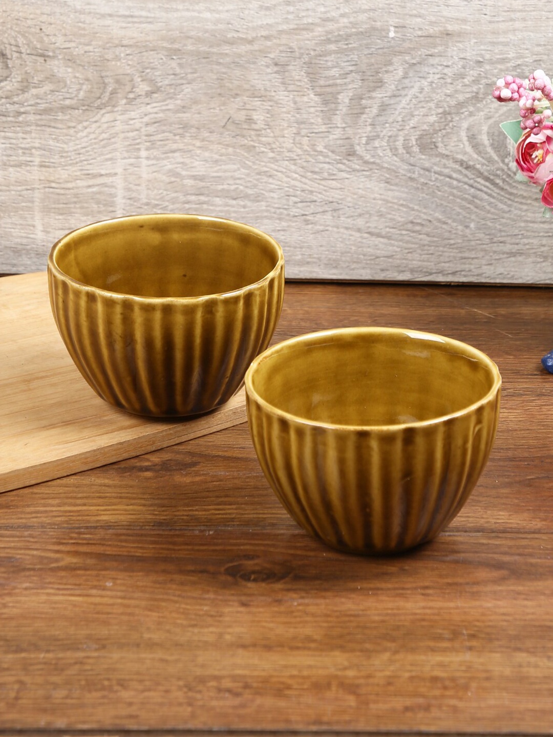 

Aapno Rajasthan Mustard Yellow 2 Pieces Textured Ceramic Glossy Bowls