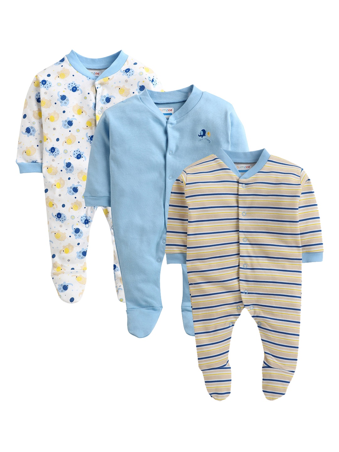 

BUMZEE Boys Pack Of 3 Pure Cotton Sleepsuits, Blue