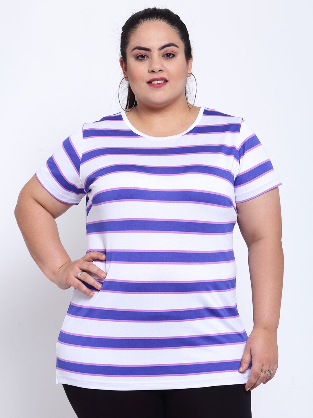 

plusS Women White & Blue Striped T-shirt
