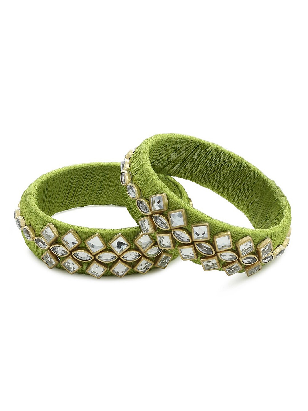 AKSHARA Set Of 2 Green & White Kundan-Studded Handcrafted Bangles