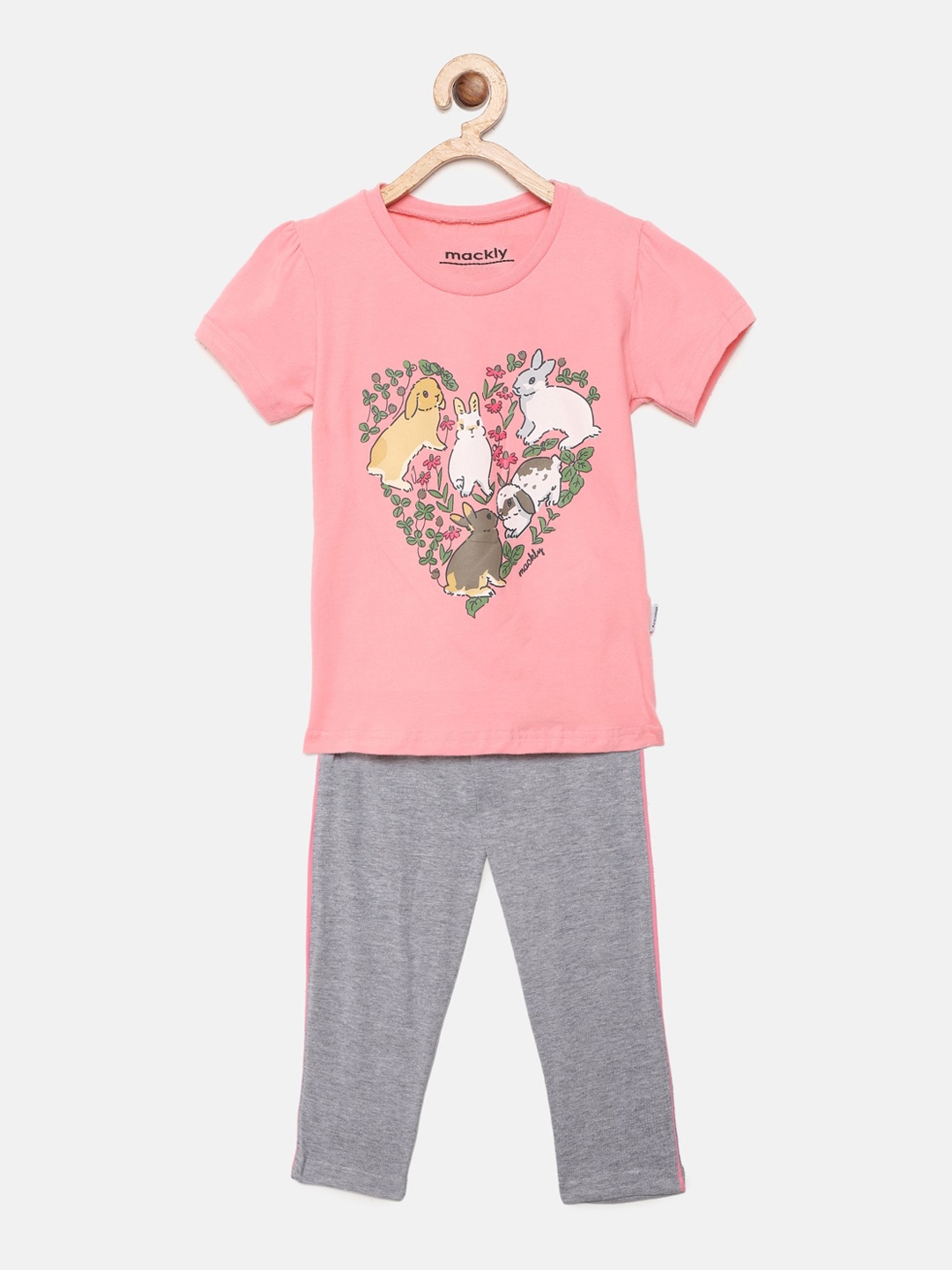 

mackly Girls Peach-Coloured & Grey Printed Night suit