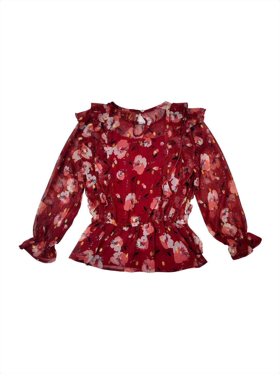

Gini and Jony Maroon Floral Printed Ruffles Cinched Waist Top