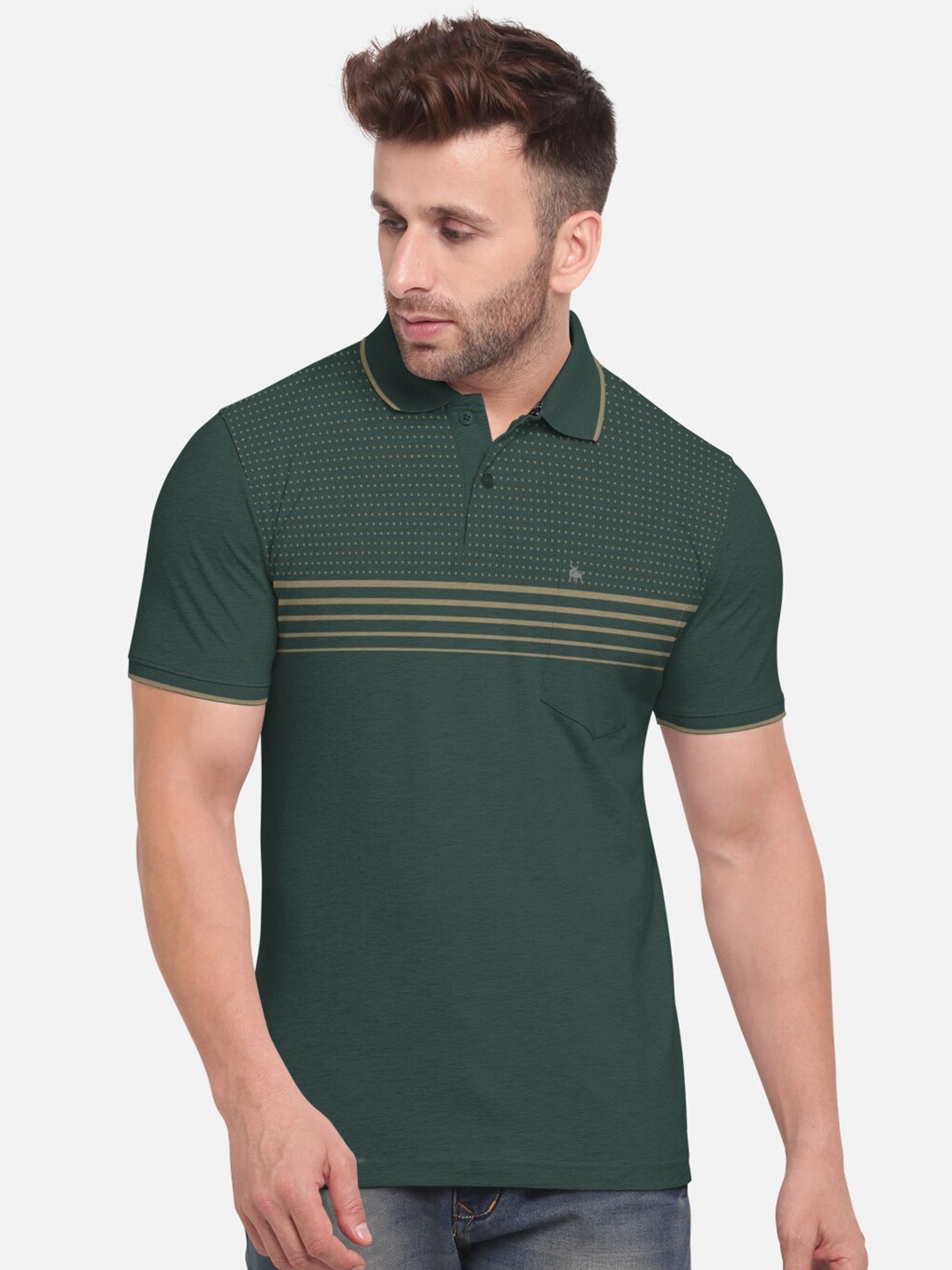 

BULLMER Men Olive Green Polo Collar Bio Finish Pure Cotton T-shirt