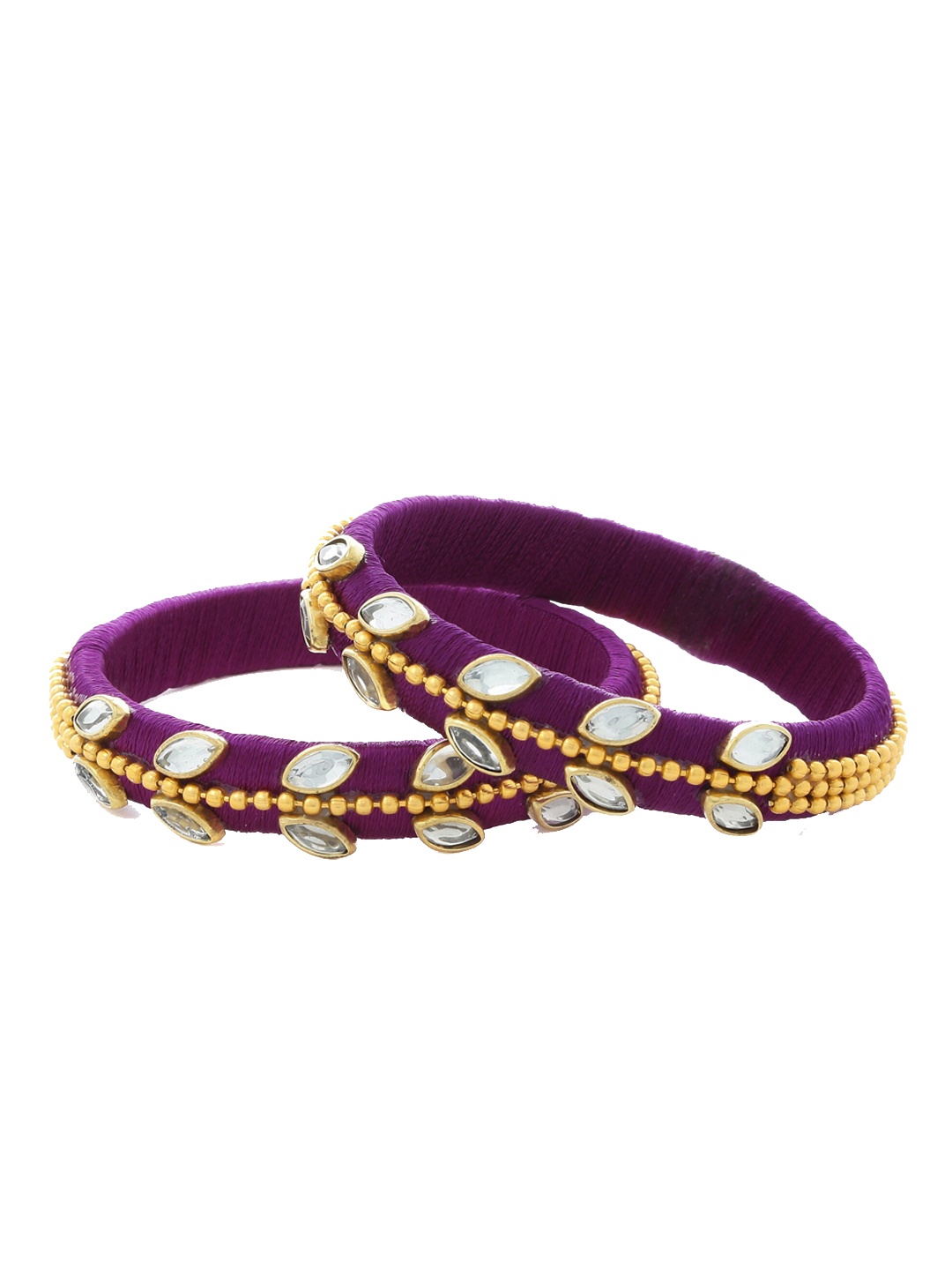 

AKSHARA Set Of 2 Purple & White Kundan-Studded Beaded Silk Thread Handcrafted Bangles
