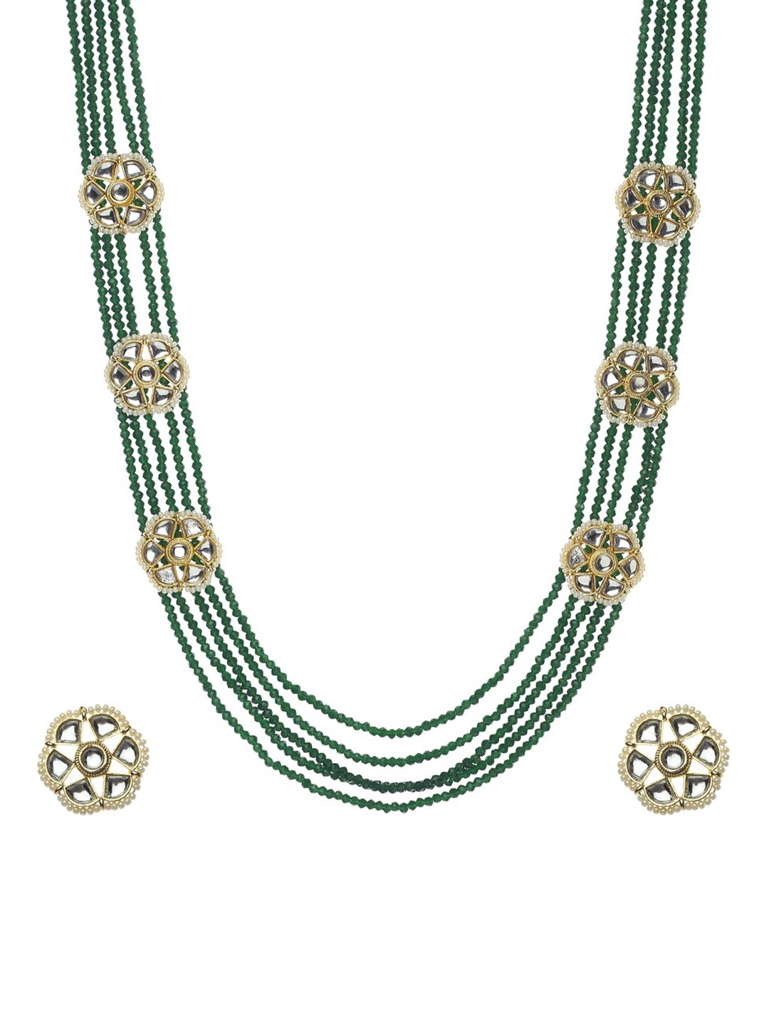 

Runjhun Gold-Plated Green & White Stone-Studded Long Designer Jewellery Set