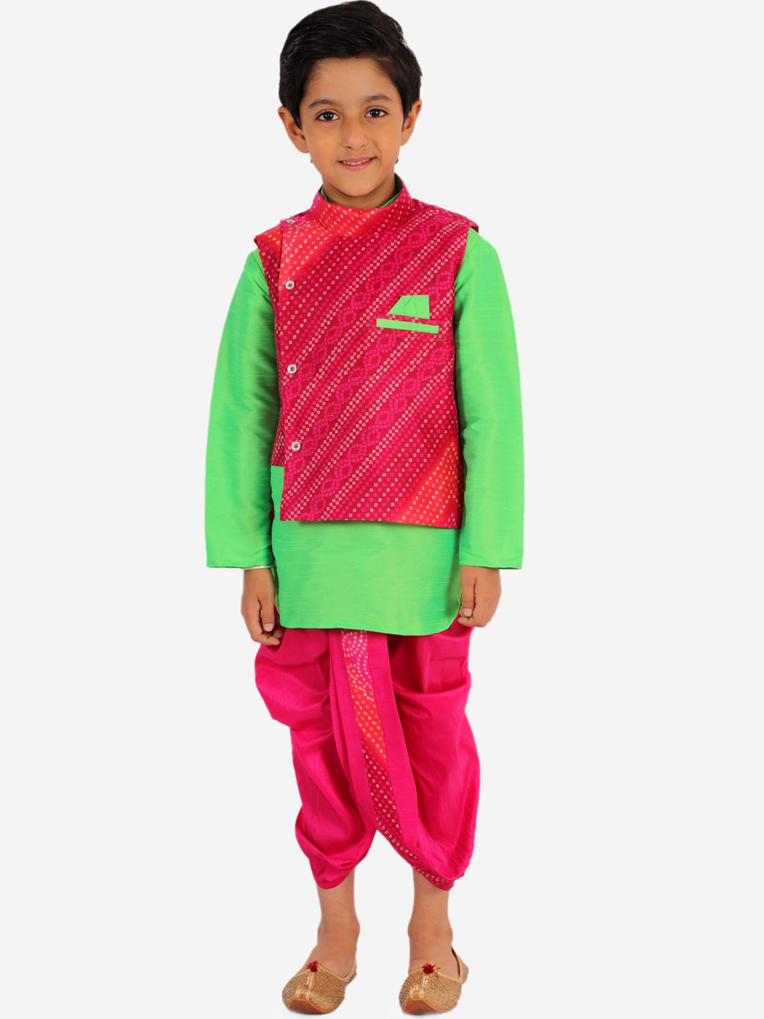 

KID1 Boys Pink & Green Ethnic Motifs Printed Layered Kurta with Dhoti Pants
