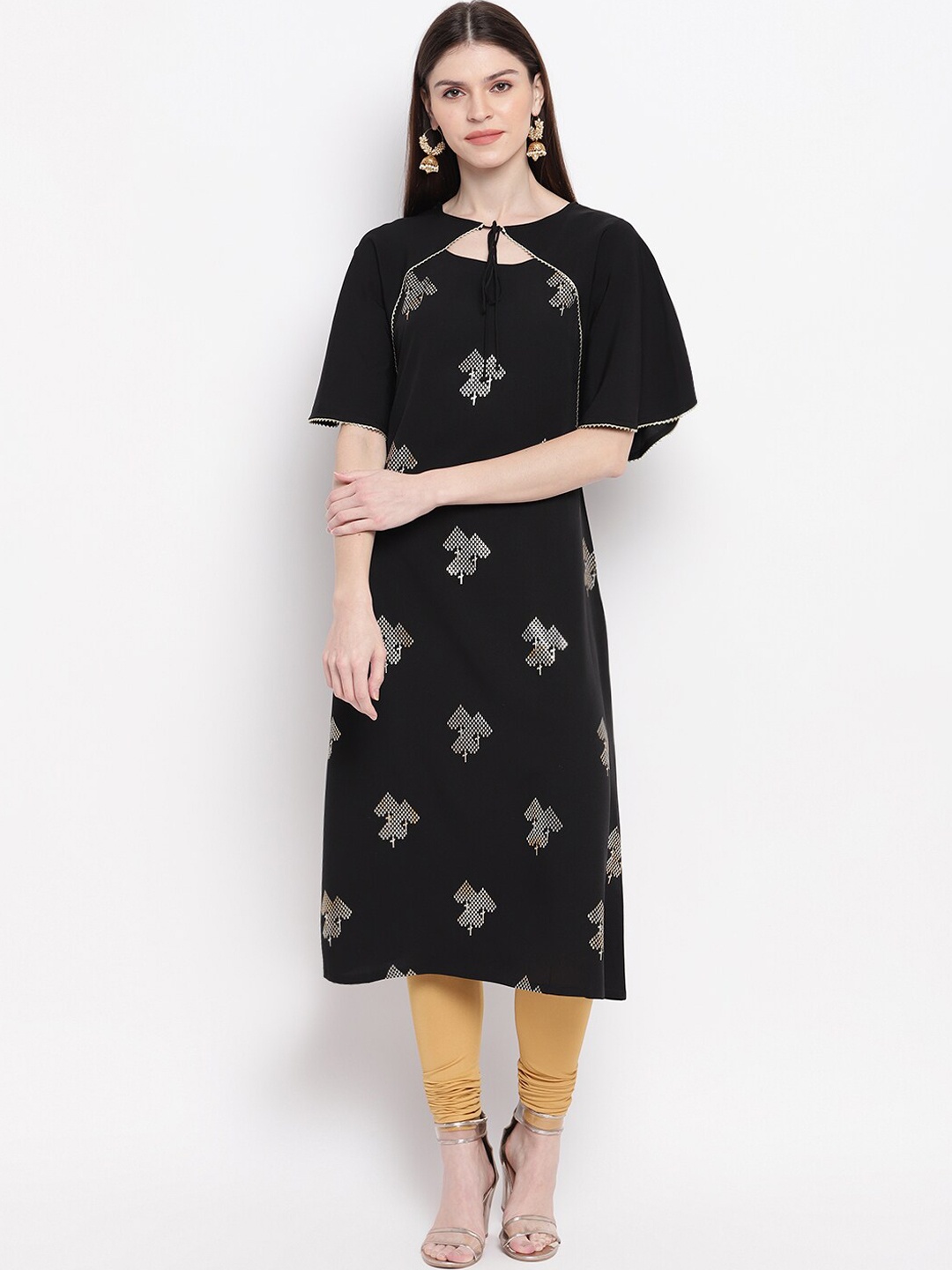 

Janasya Women Black Ethnic Motifs Printed Flared Sleeves Thread Work Crepe Kurta