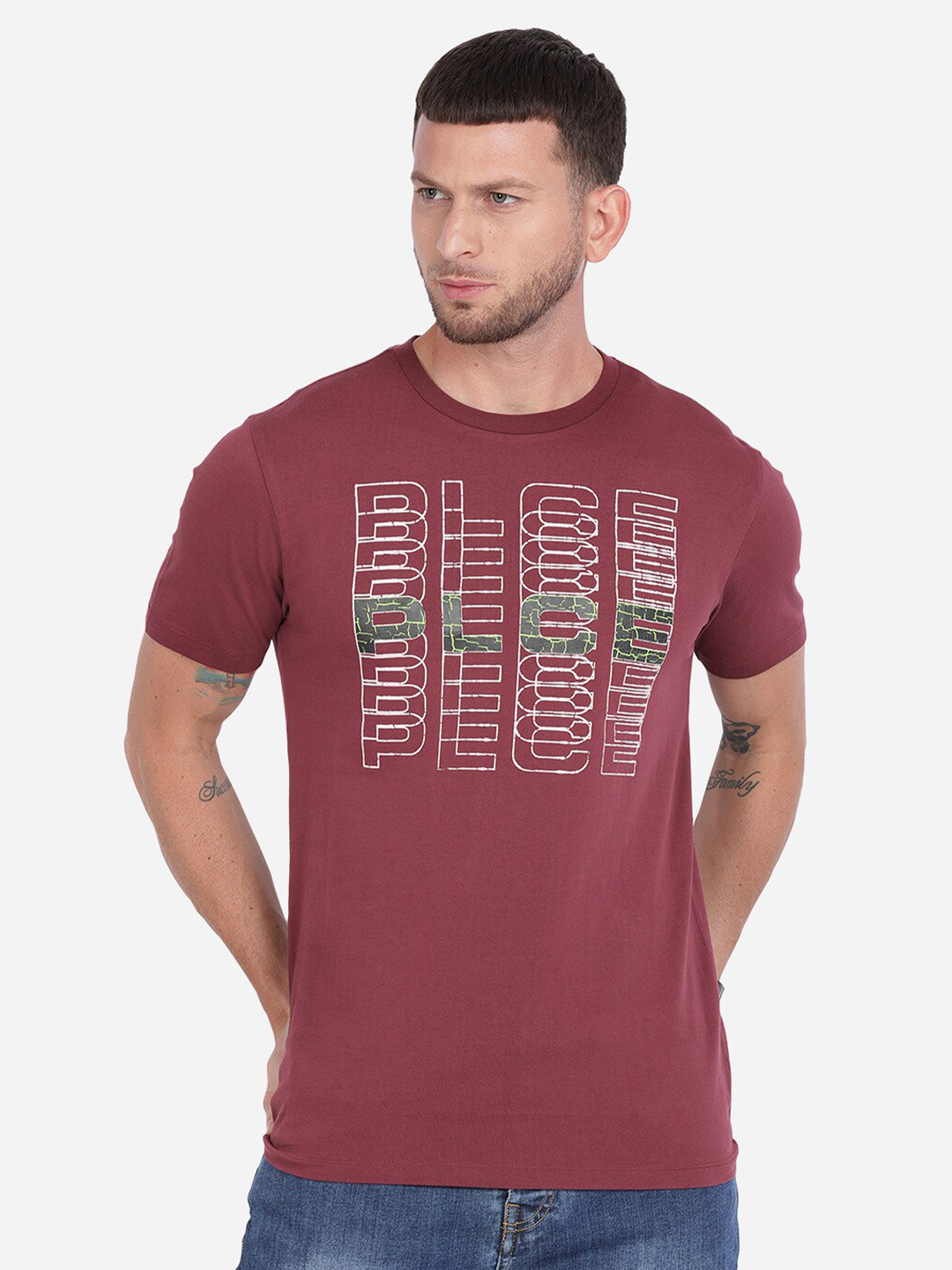 

883 Police Men Maroon Typography Printed T-shirt