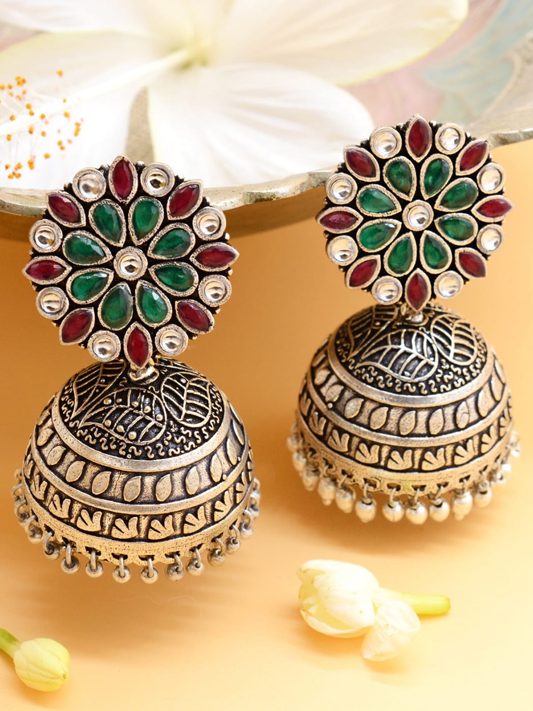 

TEEJH Silver-Toned Contemporary Jhumkas Earrings