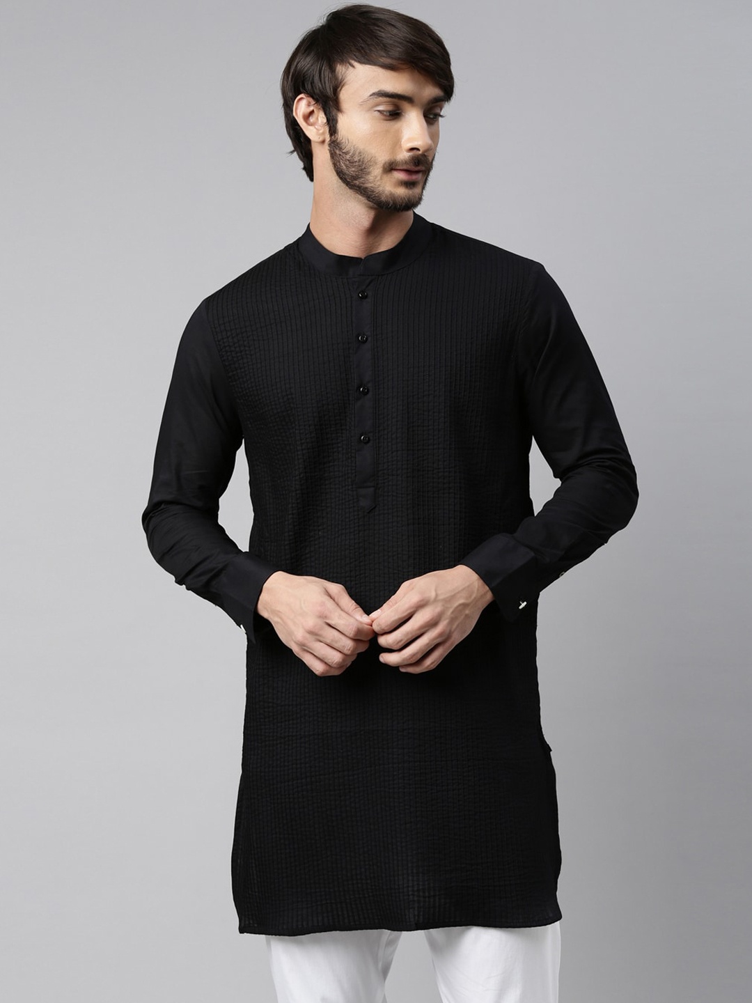

RARE RABBIT Men Black Pin-Tucked Straight Kurta