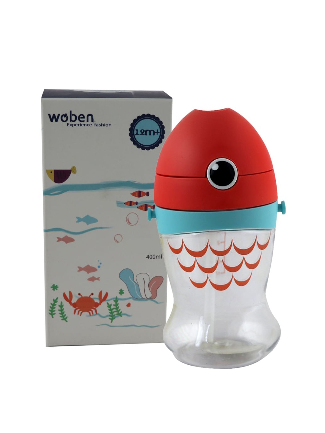 

iSWEVEN Kids Red & Transparent Printed Sipper Bottle With Straw & Handle 400 Ml