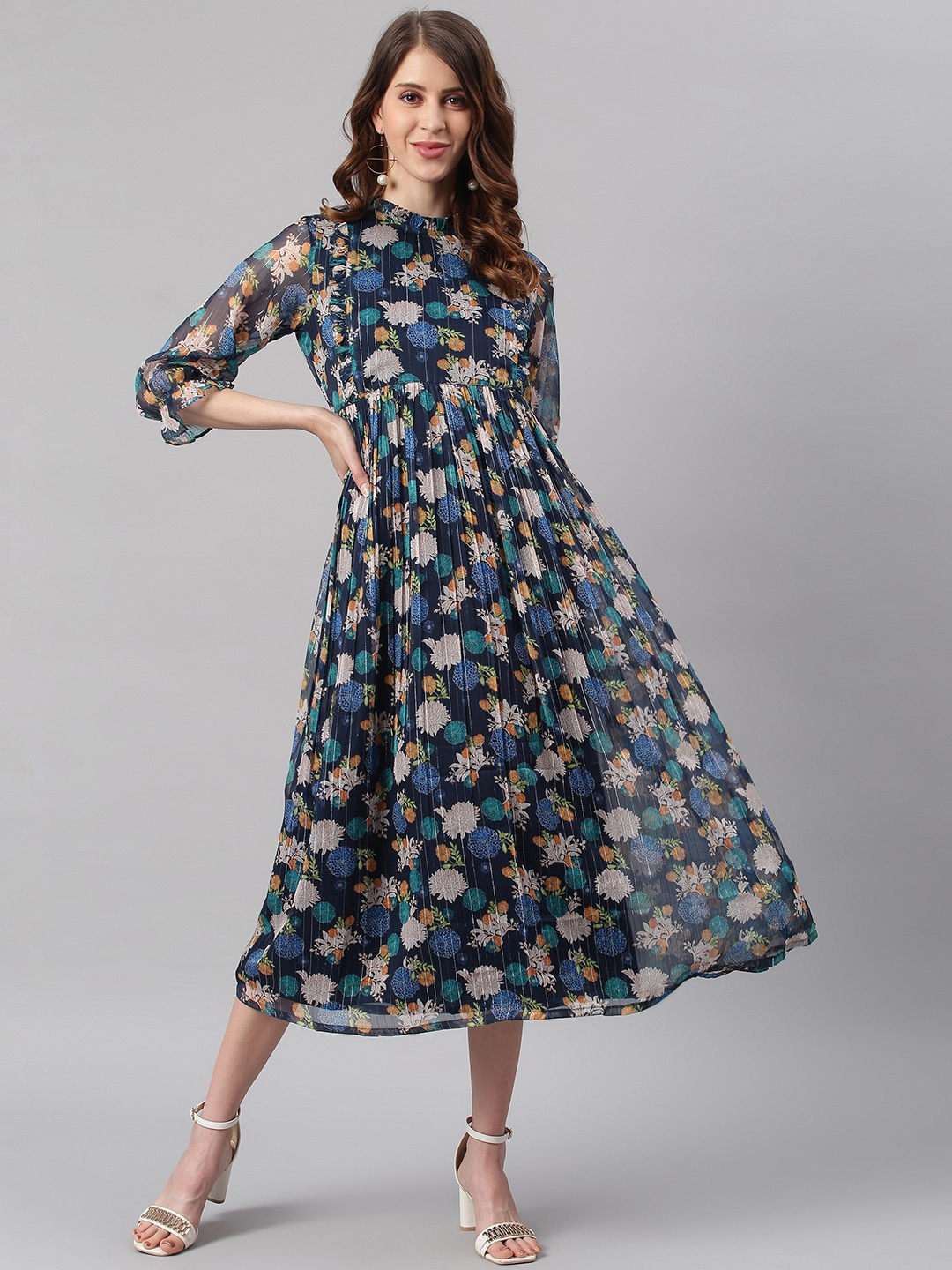 

Janasya Navy Blue Ethnic Motifs Georgette Empire Midi Dress