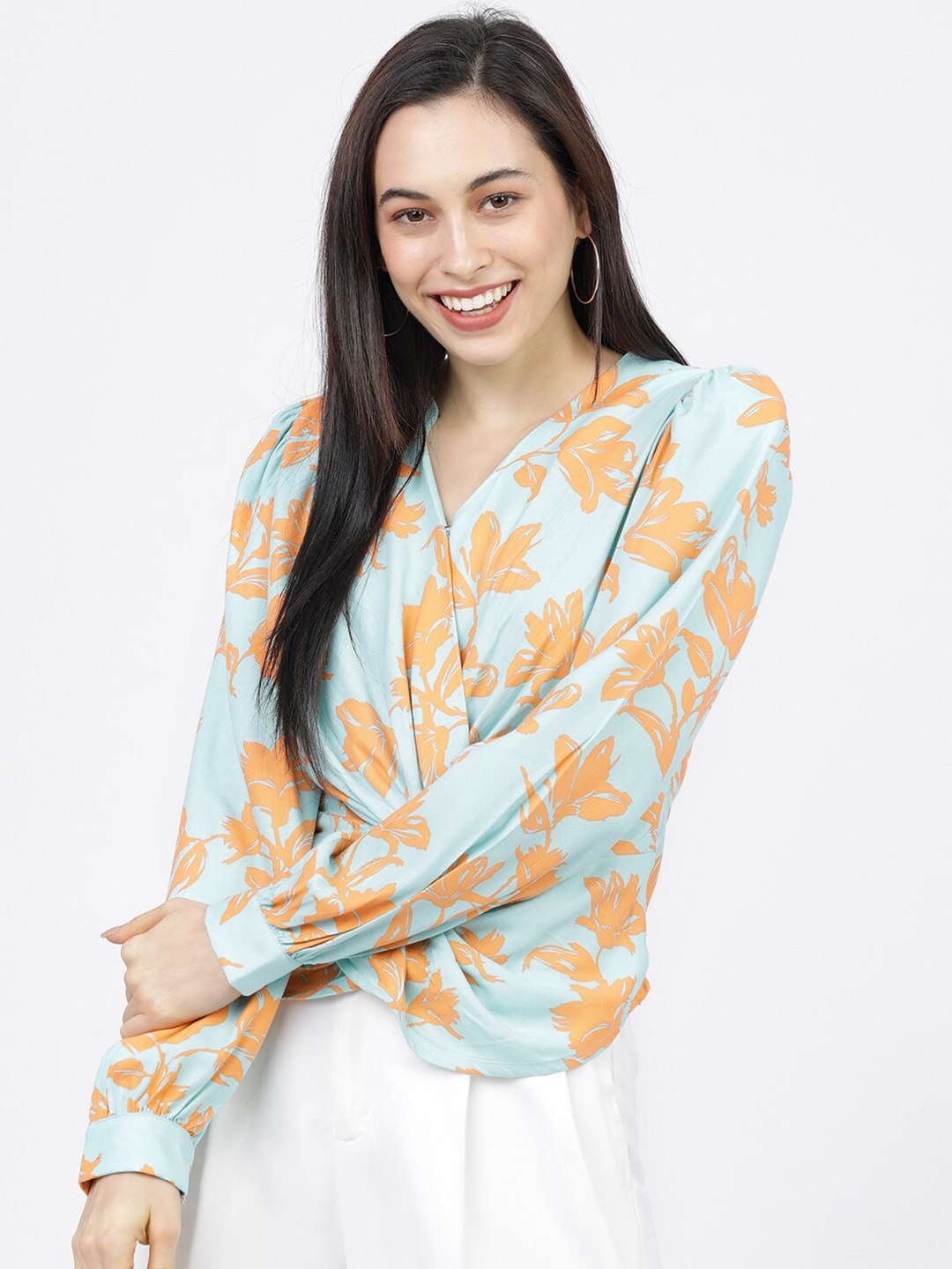 

Tokyo Talkies Blue & Orange Floral Wrap Top