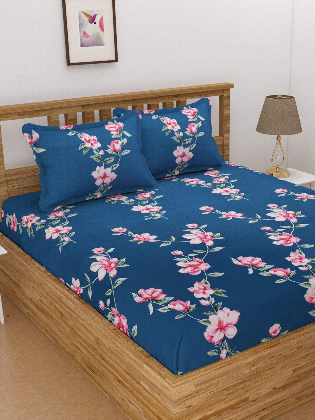 

Florida Blue & Pink Floral 144 TC King Bedsheet with 2 Pillow Covers