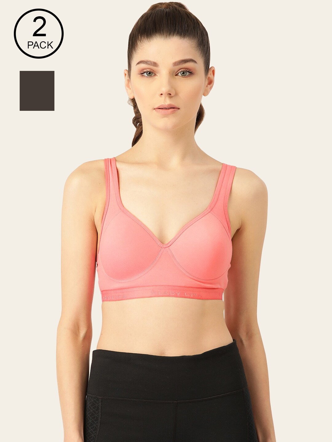 

Lady Lyka Pack of 2 Medium Coverage Lightly Padded Workout Bra PROVOGUE-PCH-BLKM, Peach