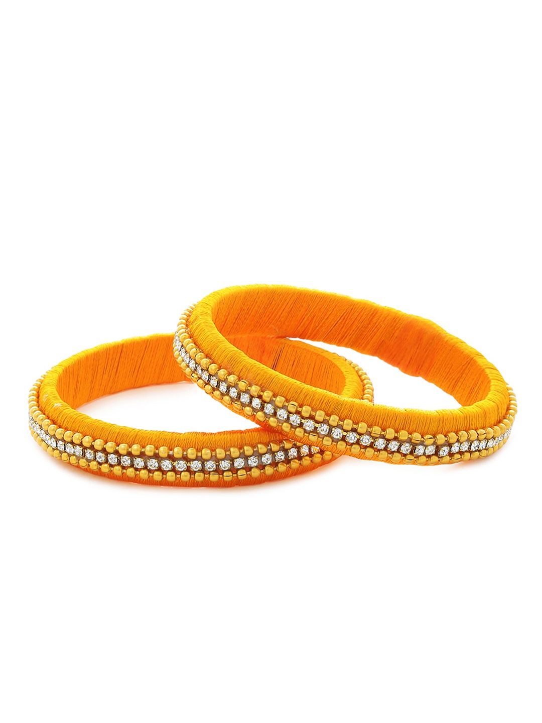 

AKSHARA Set Of 2 Gold-Coloured & White Stone-Studded Beaded Silk Thread Handcrafted Bangles