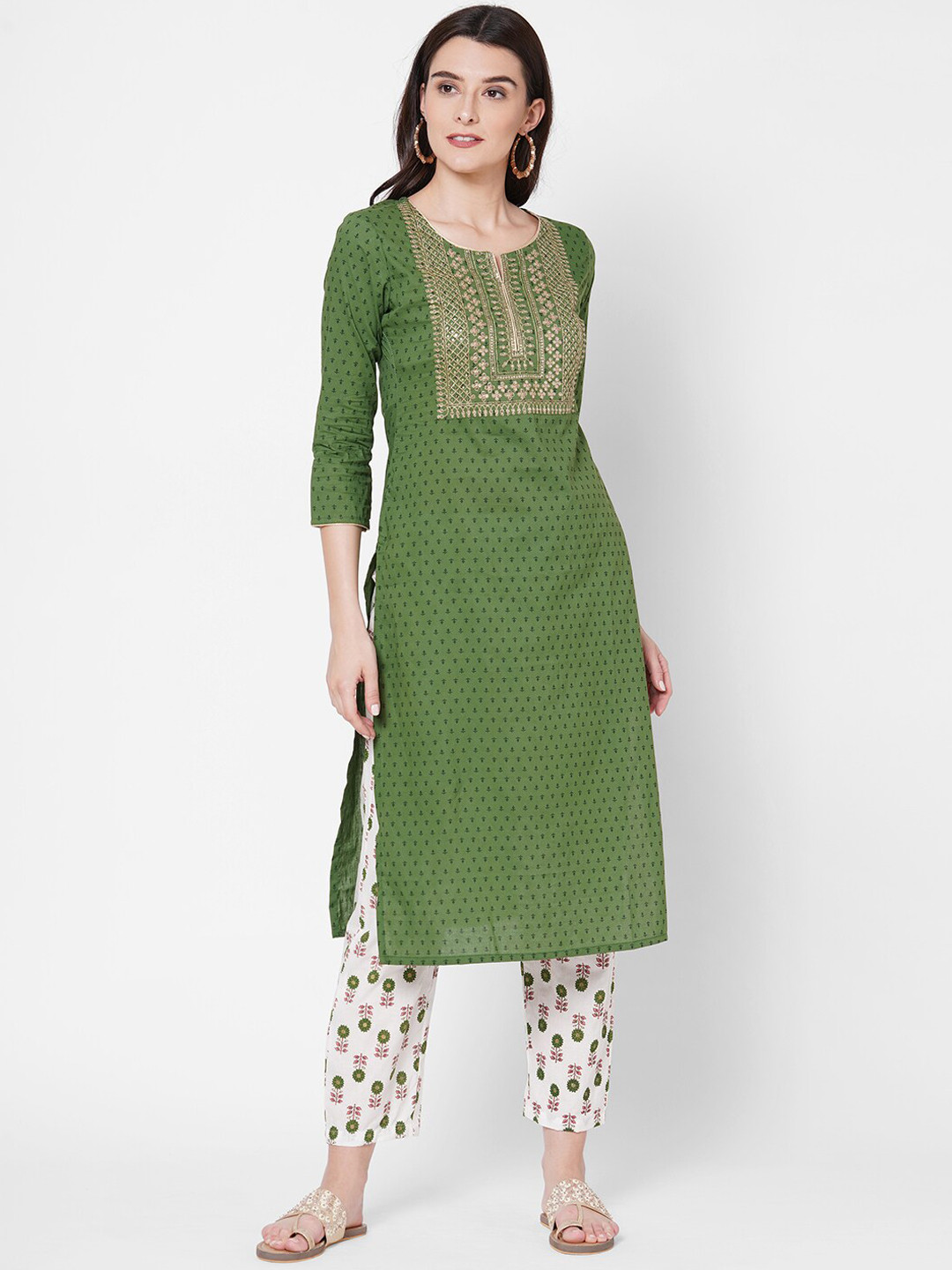 

FASHOR Women Green Yoke Design Zari Embroidered Pure Cotton Kurta with Trouser