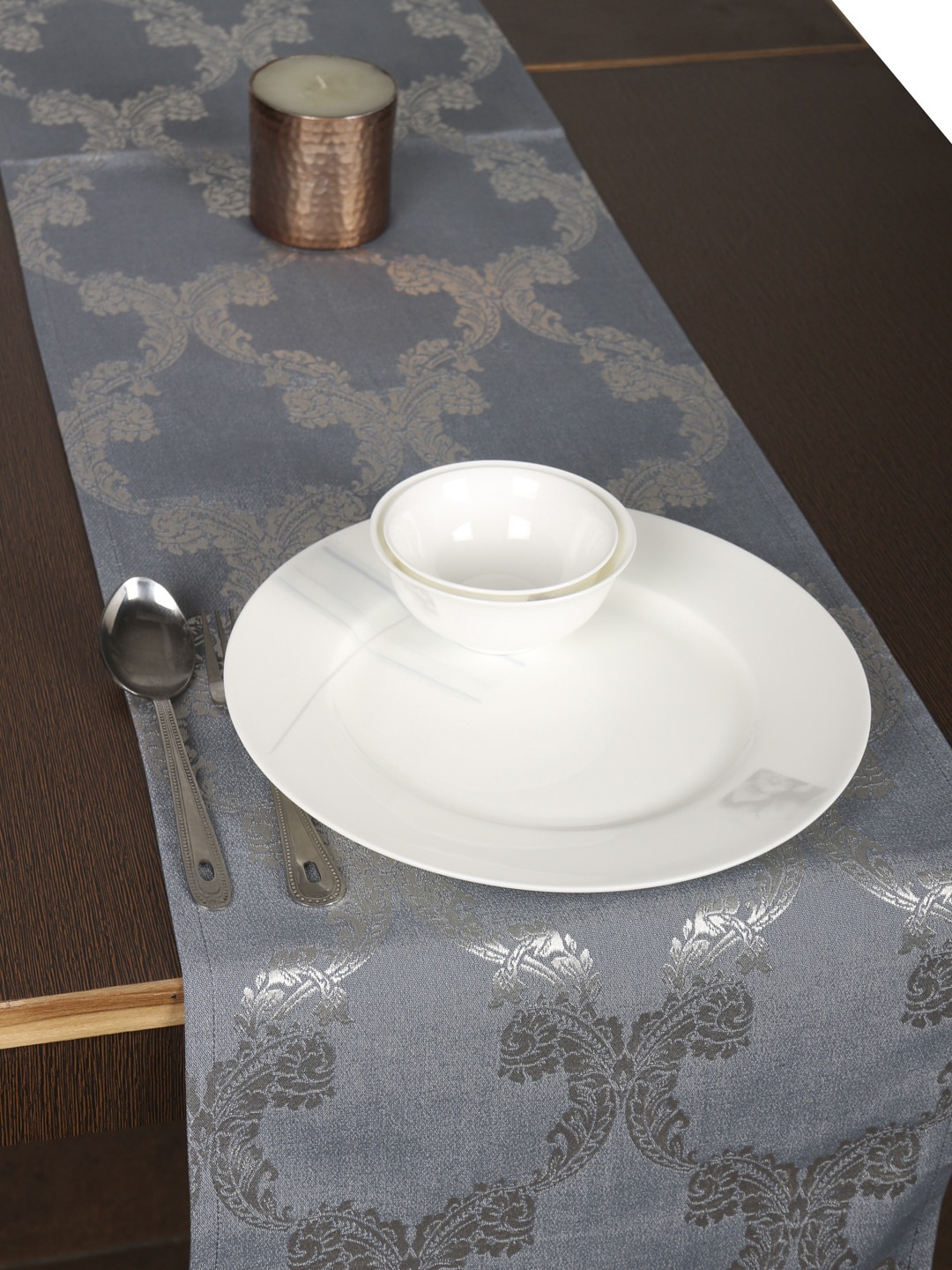 

Home Blue & Silver-Toned Woven Design Table Runner