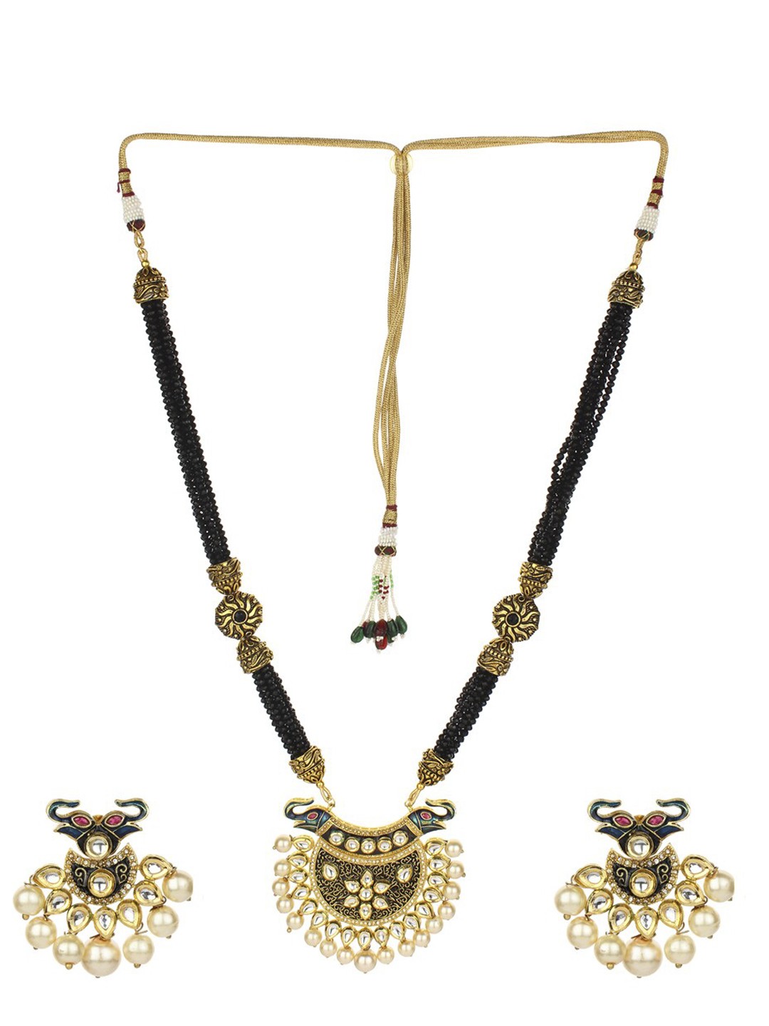 

Runjhun Gold-Plated Black & White Kundan-Studded Jaipuri Jewellery Set