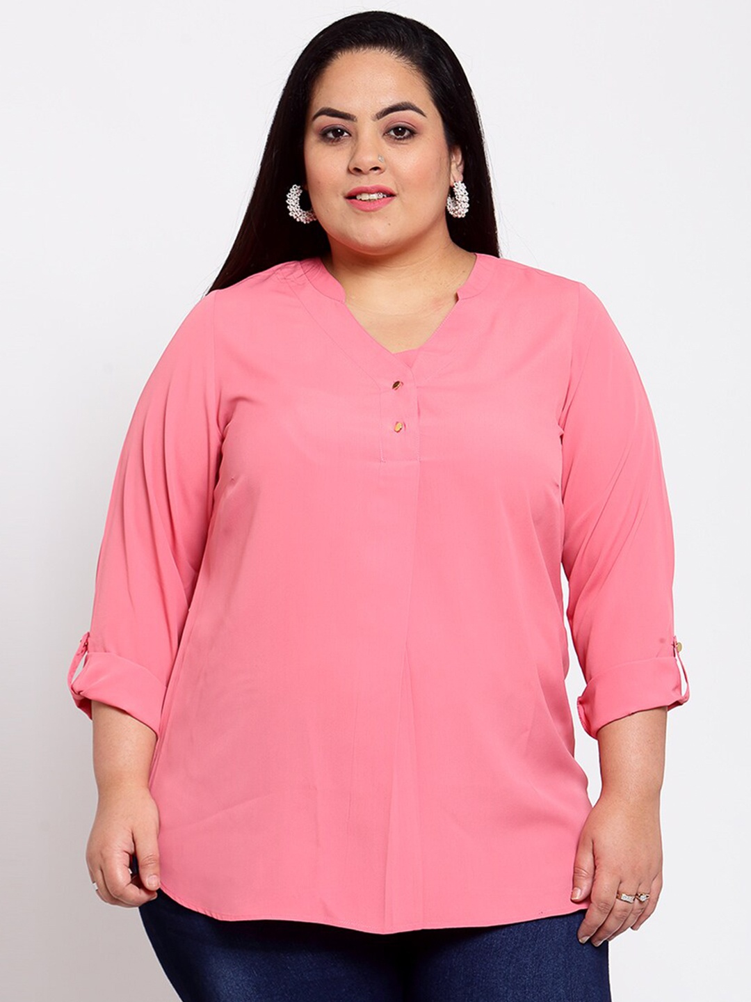 

plusS Women Pink Mandarin Collar Shirt Style Top