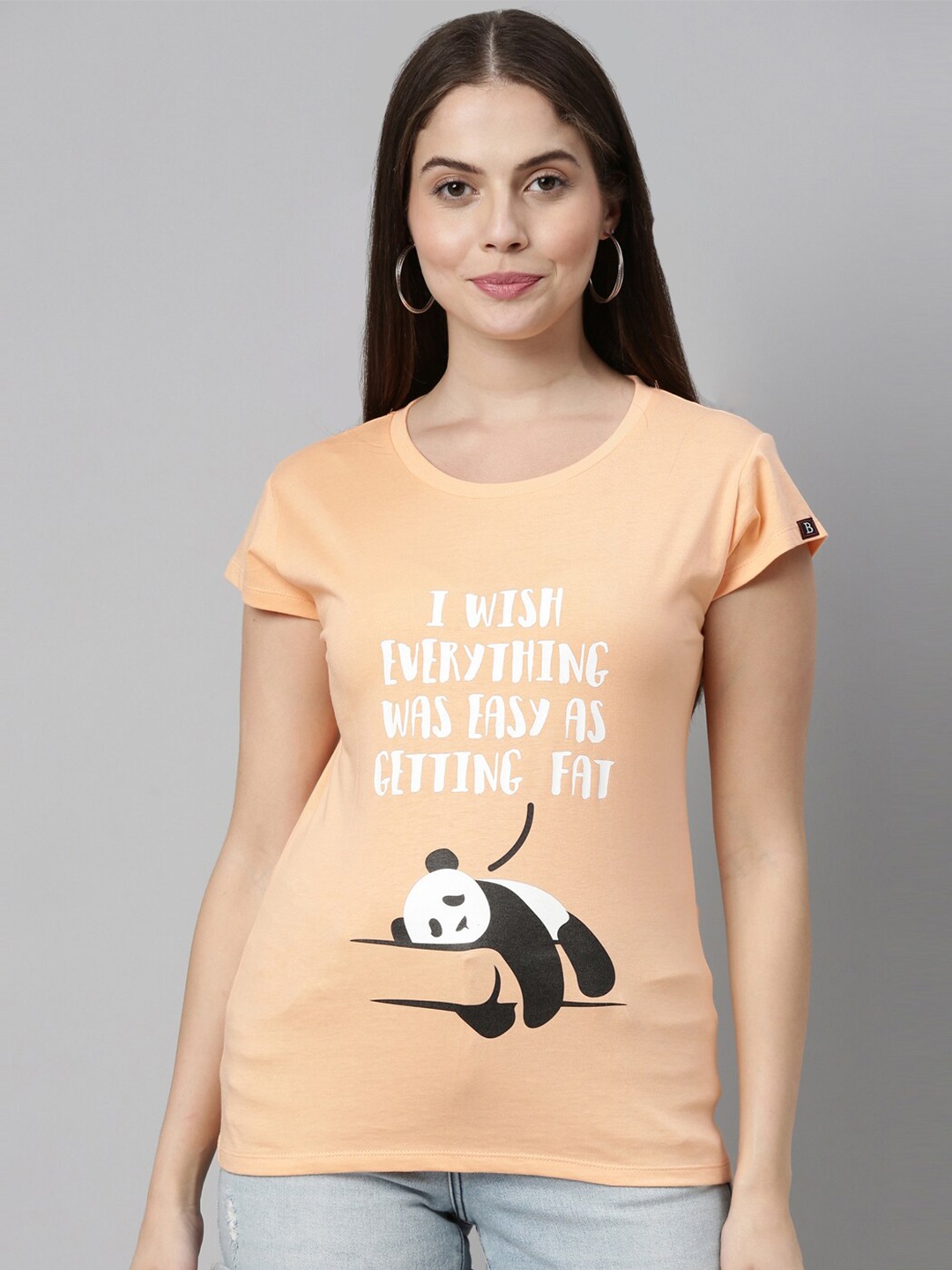 

Bushirt Women Peach-Coloured Typography Printed Extended Sleeves Raw Edge T-shirt