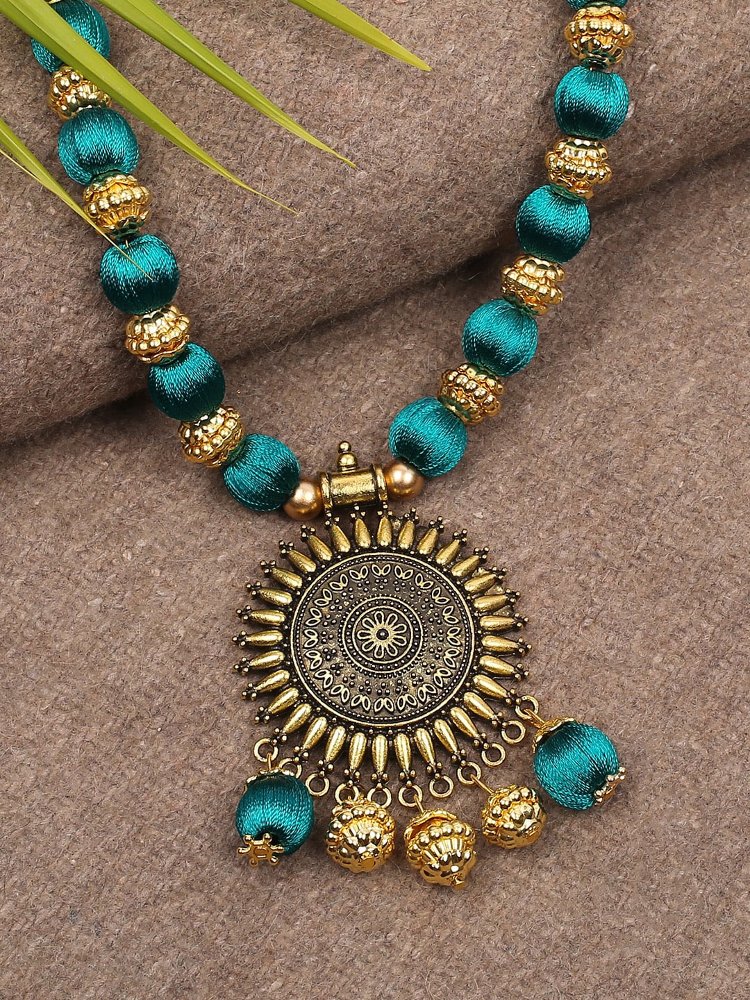 

AKSHARA Womens Handcrafted Long Brass Pendent Black Necklace, Green