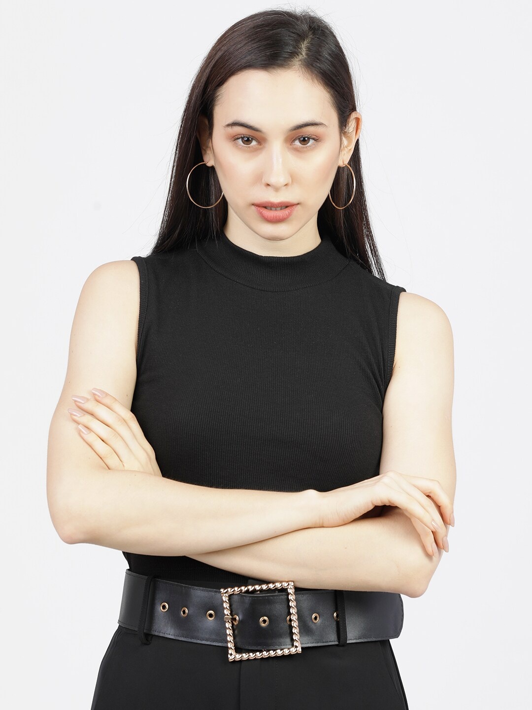 

Tokyo Talkies Women Black High Neck T-shirt