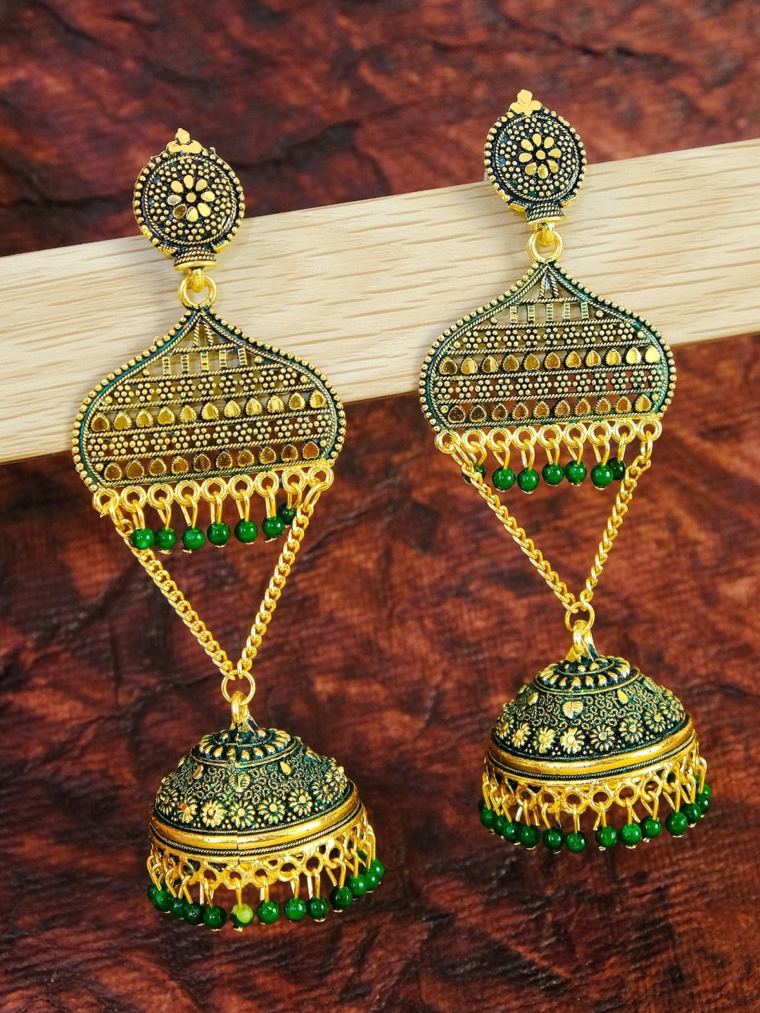 

Crunchy Fashion Gold-Toned & Green Beads Temple Style Contemporary Jhumkas Earrings