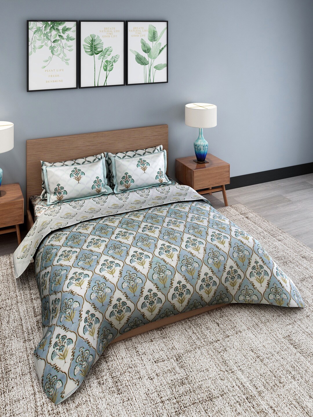 

Rajasthan Decor Green & White Jaipuri Printed Double King Cotton Bedding Set