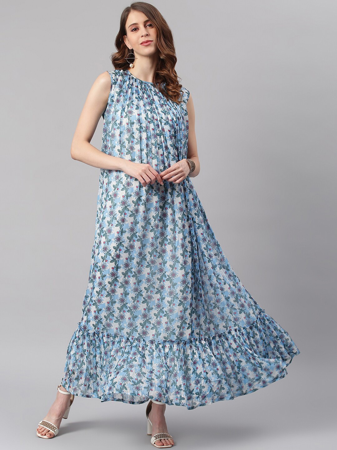 

Janasya Blue Floral Georgette Maxi Dress