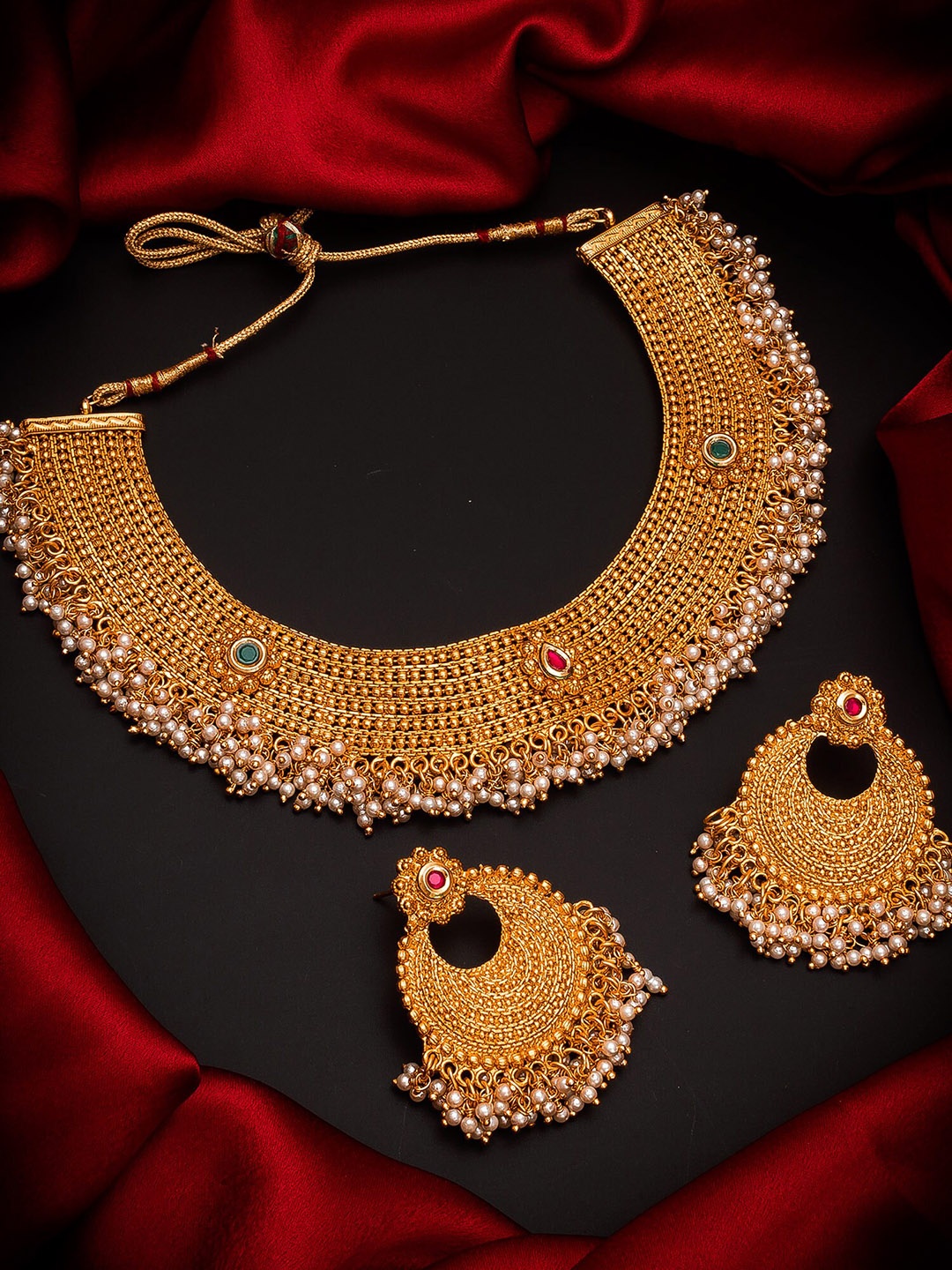 aadita Gold-Plated White Pearls-Studded Temple Jewellery Set