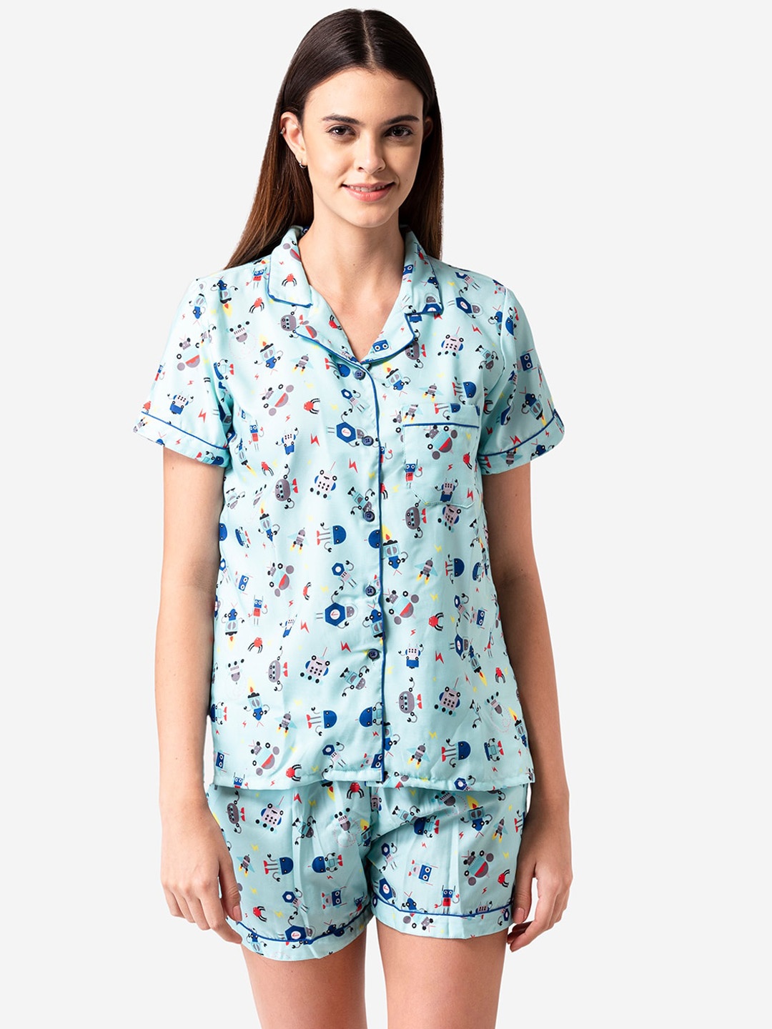 

Bellofox Women Turquoise Blue & Yellow Printed Night Suit