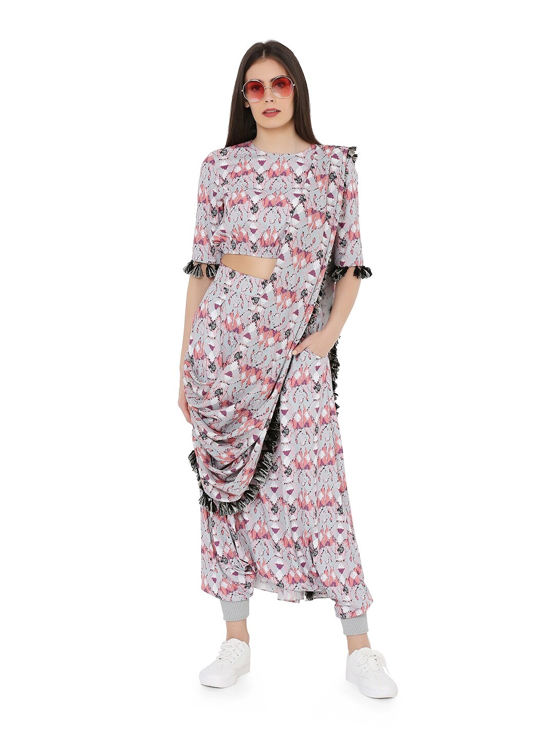 

PS PRET BY PAYAL SINGHAL Women Grey & Peach-Coloured Printed Top with JoggerPants