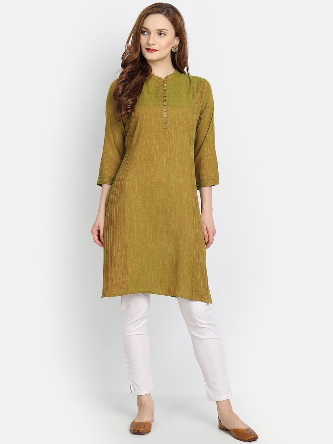 

fabGLOBAL Women Olive Green Thread Work Kurta