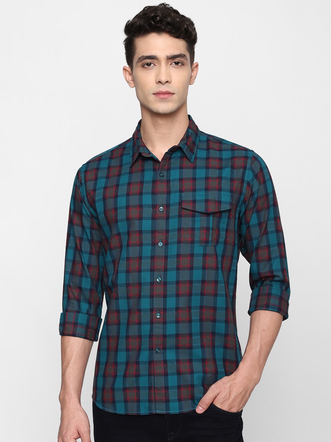 

FOREVER 21 Men Turquoise Blue Buffalo Checks Checked Pure Cotton Classic Fit Casual Shirt