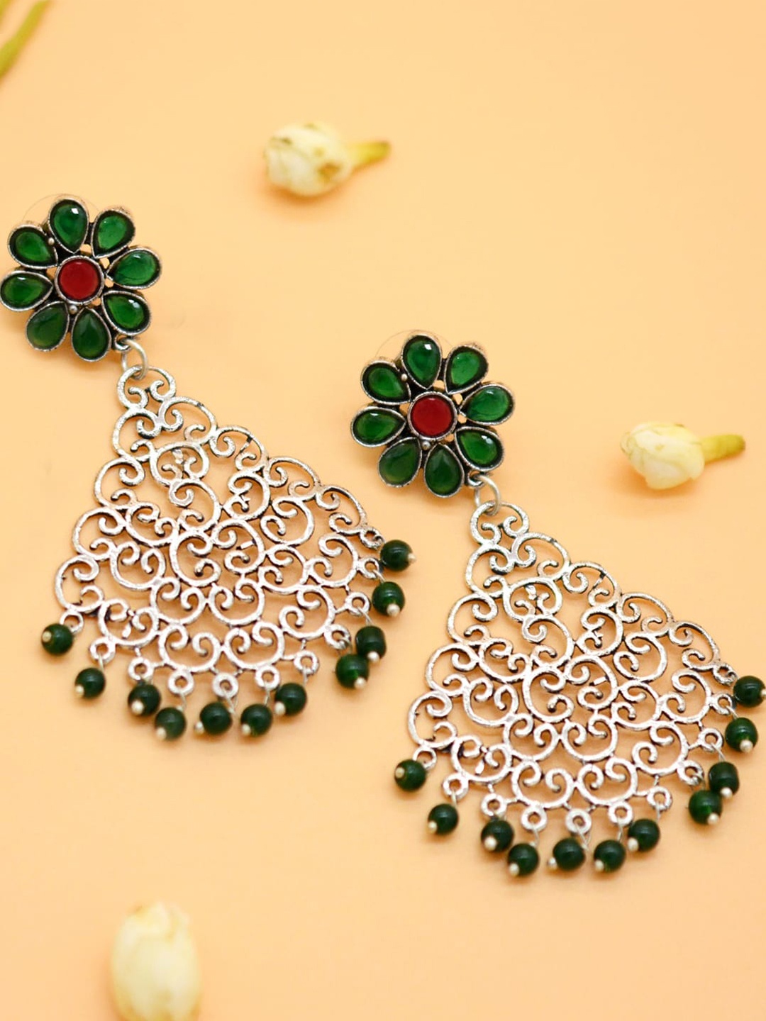 

TEEJH Silver-Plated & Green Contemporary Drop Earrings