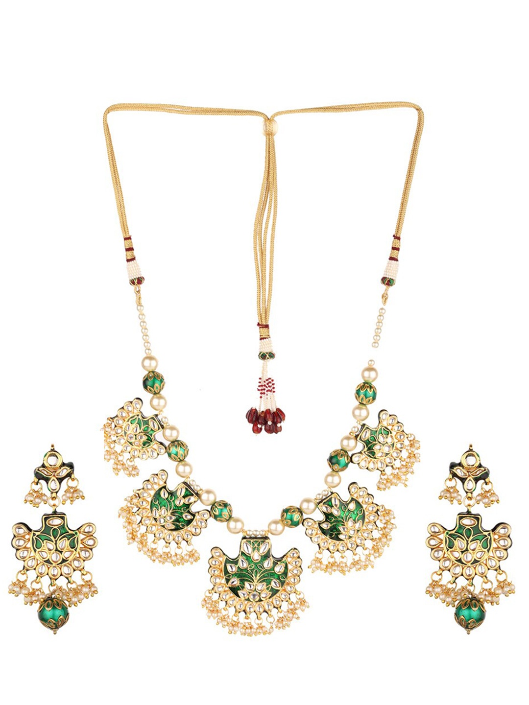 

Runjhun Gold-Plated Green & White Kundan-Studded & Beaded Jewellery Set